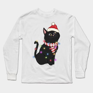 black cat santa hat christmas lights Long Sleeve T-Shirt